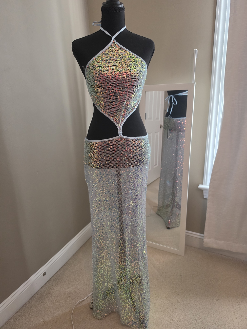 Fashion Nova Iridescent Sequin Halter Cutout Maxi Dress - Multi